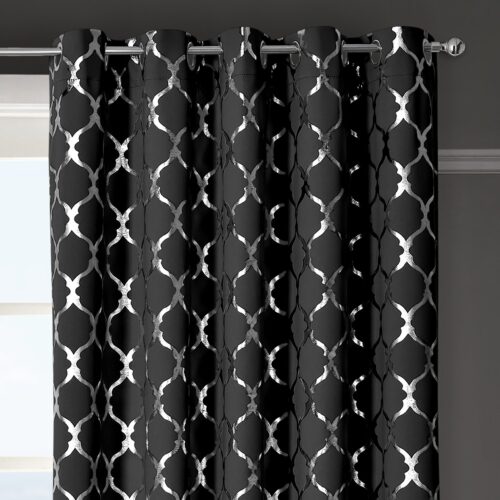 Velosso Arabesque Black Thermal Blackout Ready Made Eyelet Curtains