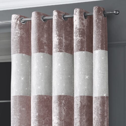 Intimates Diamante Blush Pink Crushed Velvet Ready Made Eyelet Curtains