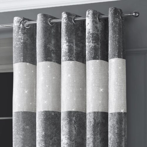 Intimates Diamante Silver Crushed Velvet Ready Made Eyelet Curtains
