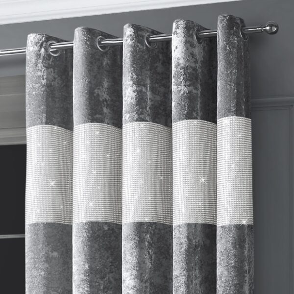 Intimates Diamante Silver Crushed Velvet Ready Made Eyelet Curtains